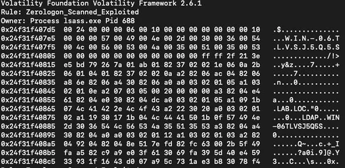 Zerologon Exploit Output from Yarascan 